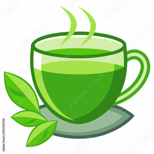 Green tea cup with leaves