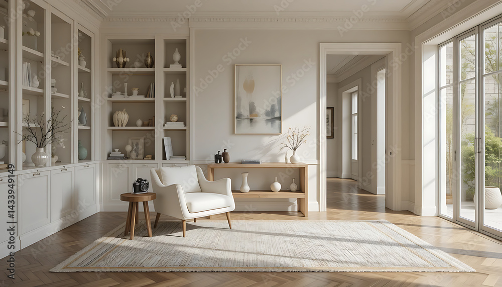 Fototapeta premium Interior Design living room with soft textiles, geometric decor, and sculptural accents. A modern yet cozy space.