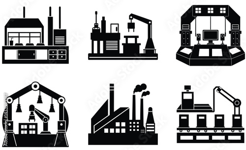 Factory Interior Silhouette Vector Set - Industrial Space, Machinery, Production Line, and Manufacturing