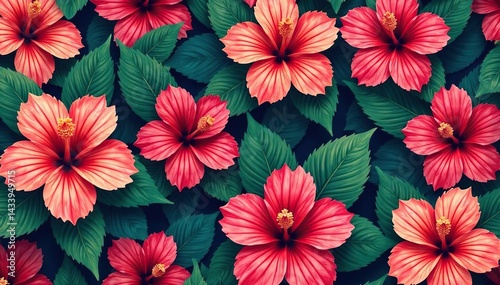 Wallpaper Mural Bold, vibrant hibiscus flowers in a tropical, lively repeat pattern , background, bright Torontodigital.ca