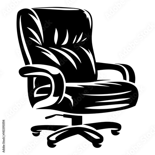 Black and white graphic of a luxurious executive office chair on wheels