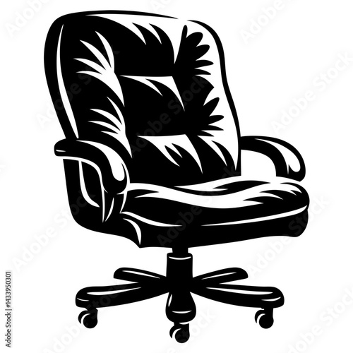 Detailed black and white illustration of a comfortable executive office chair