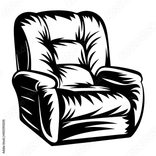 Black and white vector drawing of a comfortable looking recliner chair