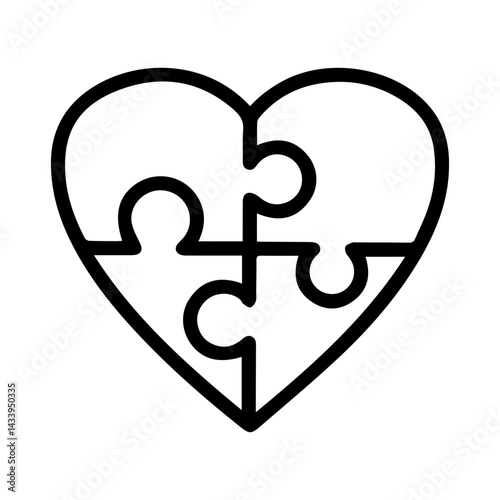 Heart outline filled with four puzzle pieces. Symbol of love, connection, and relationships. Abstract design, conceptual art representing unity, interdependence of emotions, and togetherness