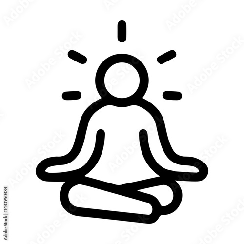 Stylized icon of a person in a lotus yoga pose with radiating lines above the head. Meditation, mindfulness, wellness practice for mental and physical health. Simple line art representing tranquility