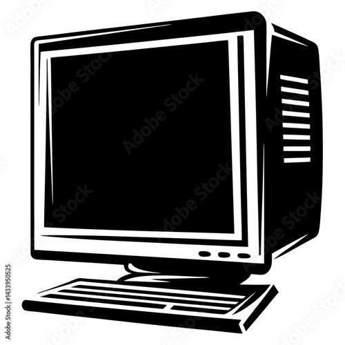 Retro CRT monitor with keyboard in black and white illustration style