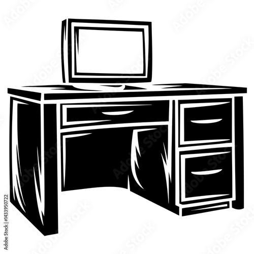 Monochromatic illustration of a desk with a computer monitor on top