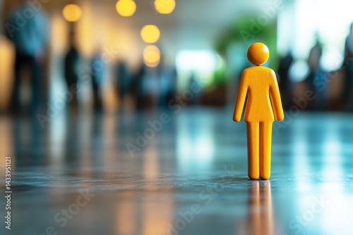 Yellow figurine stands alone on polished floor in modern office space with blurred background of people, showcases solitude and individuality in corporate environment