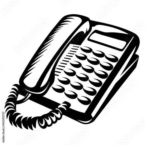 Black and white illustration of a classic landline telephone with buttons