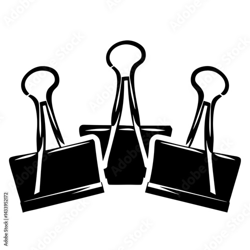 Three black binder clips arranged in a group against a white background