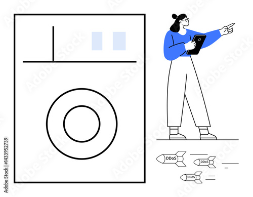 Woman holding a tablet and pointing while monitoring DDoS threats. Targets and attacks visually represented. Ideal for cybersecurity, technology, network protection, risk management, internet safety