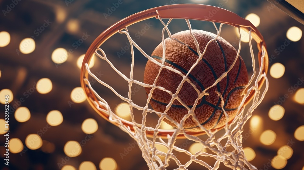 Basketball Going Through Net with Arena Lights for Sports Concept Basketball Going Through Net with Arena Lights for Sports Concept