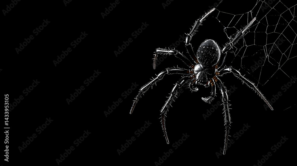Fototapeta premium Detailed Black Spider With White Highlights On Web Against Dark Background