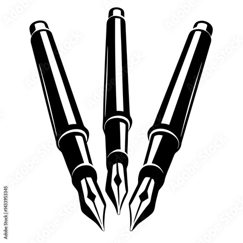 Trio of elegant fountain pens in black and white illustration style