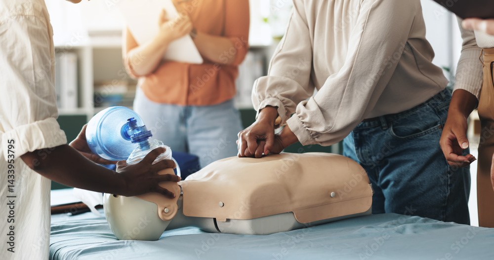 Help, cpr and hands with mask, dummy and lesson for process in emergency, healthcare and demonstration. Course, people and instructor with ventilator for mannequin, breathing and oxygen in class