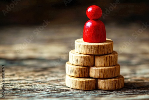 Red Wooden Figure Standing on a Stack of Natural Wooden Discs on a Rustic Wooden Surface Symbolizing Achievement and Leadership