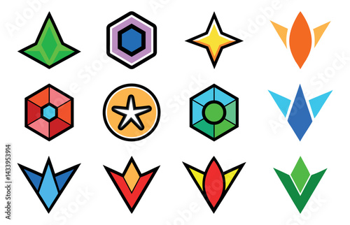 Abstract geometric vector set: four origami shapes, symbols, icons, and design elements