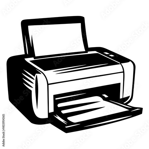 Simple black and white vector illustration of a modern office printer