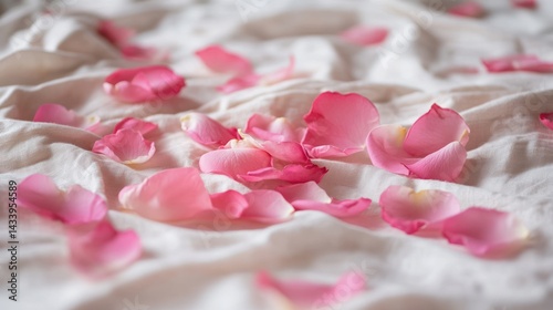 Romantic setting with scattered pink rose petals on soft, draped linen fabric