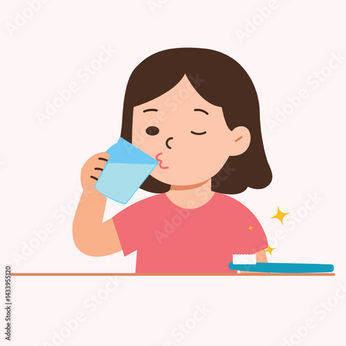 Dentalcare Kids, A young girl is rinsing her mouth with water after brushing her teeth. This cartoon-style image promotes good oral hygiene habits in children, ideal for health or educational use.