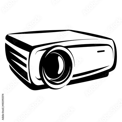 Black and white minimalist illustration of a digital video projector design