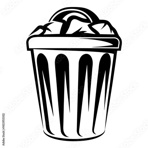 Black and white vector image of a trash can overflowing with garbage