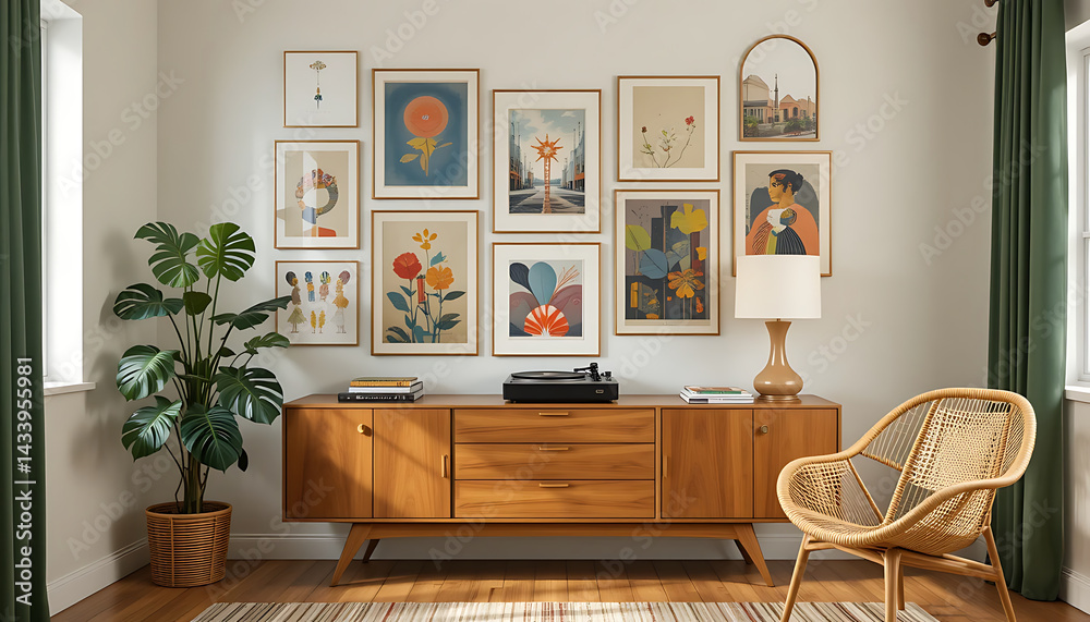 Fototapeta premium Interior Design living room with soft textiles, geometric decor, and sculptural accents. A modern yet cozy space.