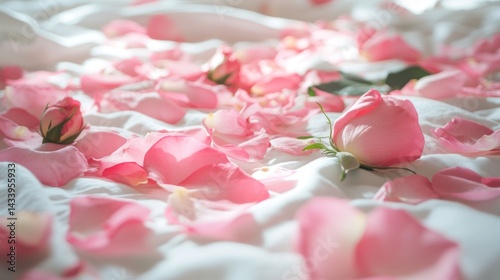 Romantic arrangement featuring delicate pink rose petals scattered on white fabric
