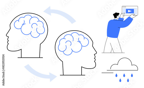 Two human brain diagrams connected with arrows, a man holding a video player, and a cloud with rain. Ideal for education, teamwork, creativity, knowledge exchange, mental health, innovation simple