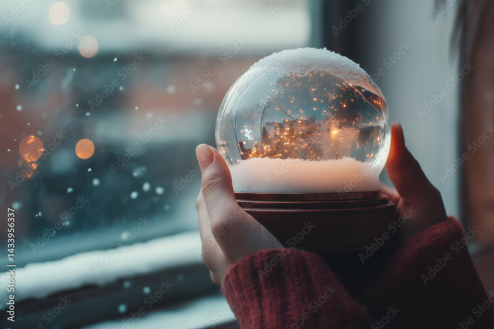 Woman holding a snow globe with Christmas lights inside, looking through a window during a snowfall, creating a cozy winter atmosphere