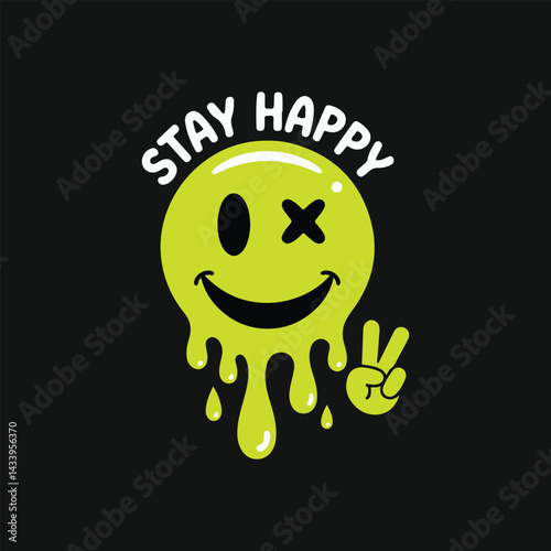 Melting Smiley Face Stay Happy Drip Emoji Vector | Trendy Streetwear Graphic Design | Peace Hand Sign Illustration for T-Shirts, Stickers, Posters