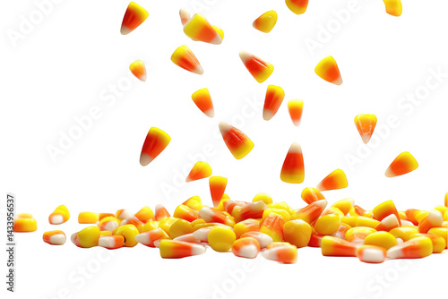 Delicious candy corn pile falling on sweet treats autumn food white sugar on transparent background