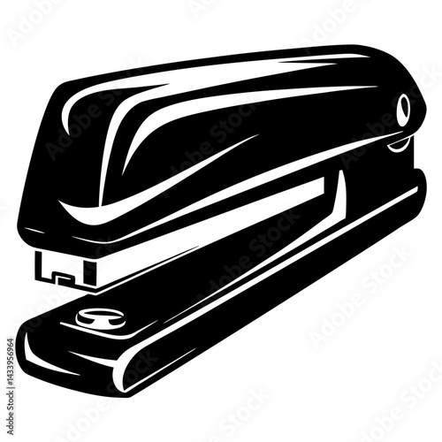 A minimalist black and white illustration of a classic office stapler