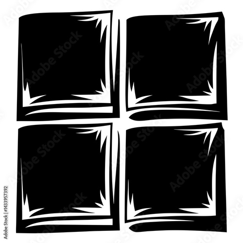 Four panel abstract graphic pattern with sharp edged frames in black and white