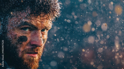 Muddy, determined man in the snow, Close up portrait of a man covered in mud and snow.
