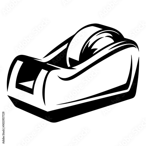Bold graphic illustration of a tape dispenser in black and white style