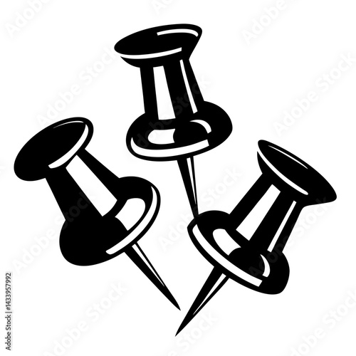 Three bold black thumbtacks ready for pinning on a bulletin board