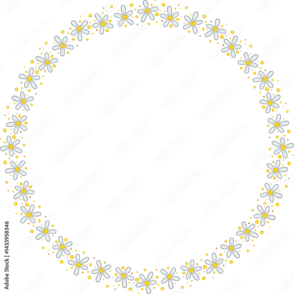 Circular border with many white flowers. Illustration made with white flowers on a white background creating a circular border. Circular border with many white flowers. Illustration made with white flowers on a white background creating a circular border.