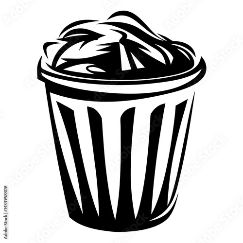 Vector art image depicts a trash bin filled to the brim with garbage