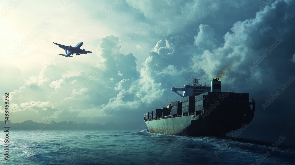 Fototapeta premium Cargo Ship and Airplane Over Dramatic Ocean