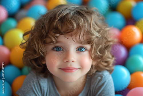 Young child with curly brown hair in colorful ball pit, wearing grey shirt. Perfect for kids' play area ads.