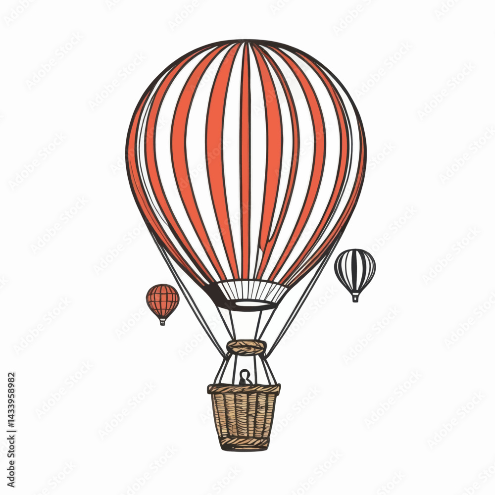 Naklejka premium Red and White Striped Hot Air Balloon Soaring High in a Transparent Sky with Smaller Balloons