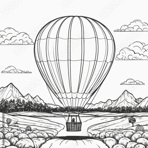 Majestic Hot Air Balloon Soaring Over Scenic Mountain Landscape  A breathtaking hand-drawn illustration of a hot air balloon adventure