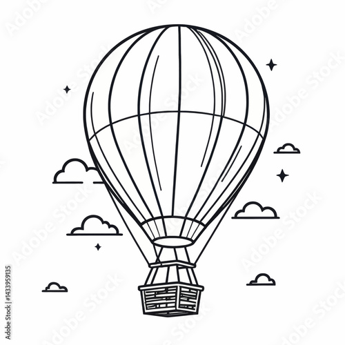 Vintage Hot Air Balloon Line Art Illustration with Clouds and Stars a perfect design for travel posters and adventure branding