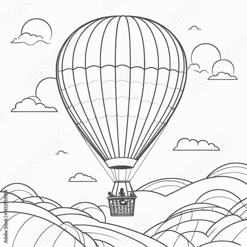 Hot Air Balloon Soaring Over Rolling Hills Scenic Landscape Drawing