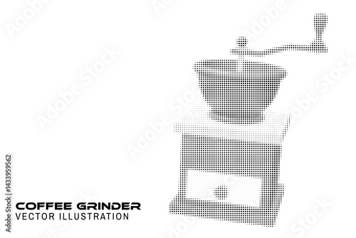 Classic Halftone 3d coffee grinder boiler poster, banner, flyer template. Circle halftone shape burr mill for coffee beans, seasoning, spices. Vector illustration