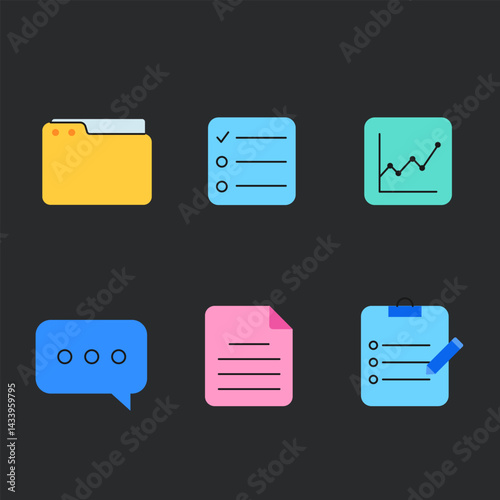 Set of colorful vector icons related to documents, files, tasks, and data management. Includes icons of a folder, checklist, graph, chat bubble, document, and clipboard. Minimalistic and modern flat d