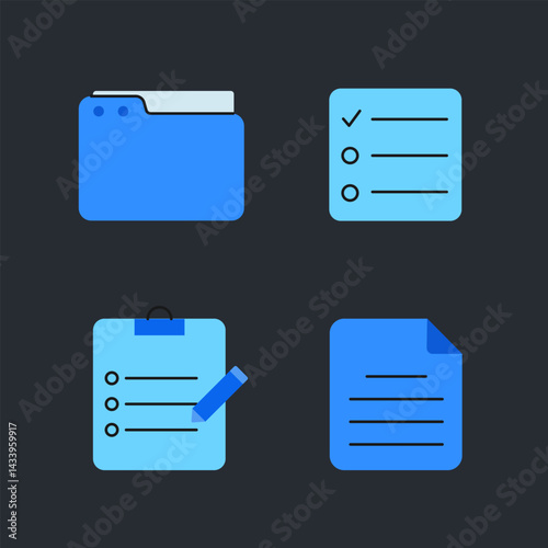 Set of colorful vector icons related to documents, files, tasks, and data management. Includes icons of a folder, checklist, graph, chat bubble, document, and clipboard. Minimalistic and modern flat d
