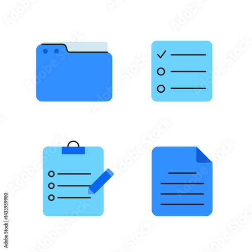 Set of colorful vector icons related to documents, files, tasks, and data management. Includes icons of a folder, checklist, graph, chat bubble, document, and clipboard. Minimalistic and modern flat d