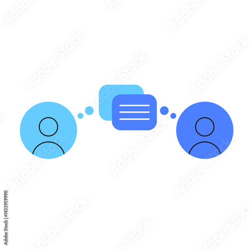 Minimalistic vector illustration of two people communicating through speech bubbles. Represents conversation, communication, messaging, and social interaction. Flat design style with blue tones 